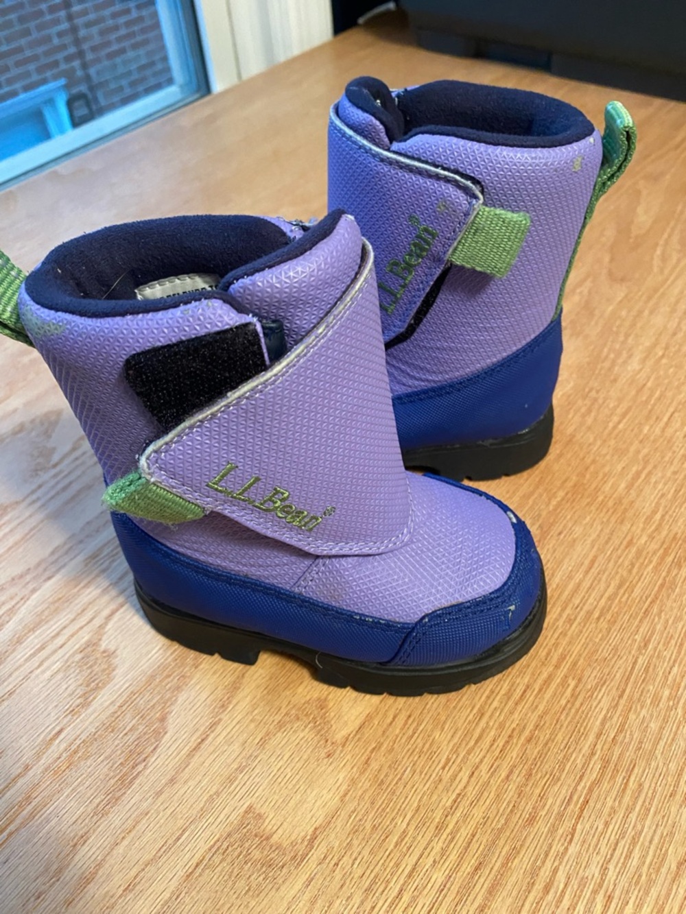 L.L. Bean Kids Lavender and Blue Snow Boots with Green Tabs